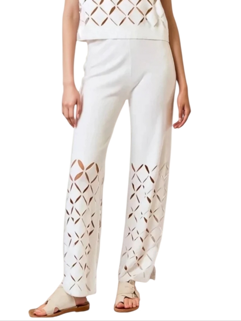 Lalavon Ileana Cutout Detail Pants Cream Knit Wide Leg Elastic Waist Size S